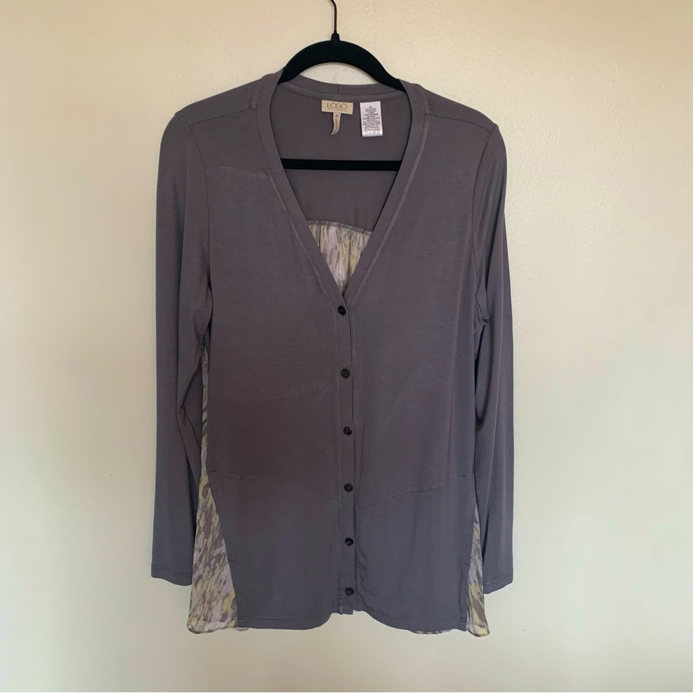 LOGO Gray Button-Up Cardigan with Sheer Panels
